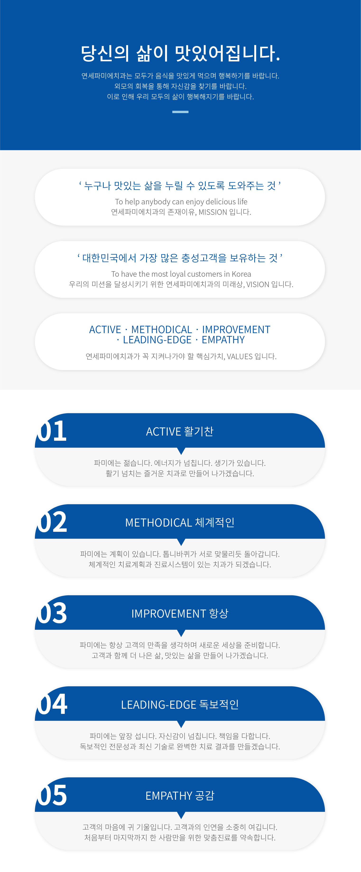 당신의-삶이-맛있어집니다. 연세파미에치과는-모두가-음식을-맛있게-먹으며-행복하기를-바랍니다. 외모의-회복을-통해-자신감을-찾기를-바랍니다. 이로-인해-우리-모두의-삶이-행복해지기를-바랍니다.